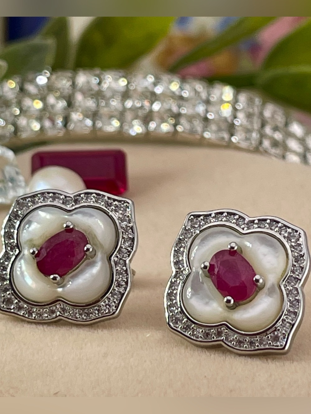 Ruby Mother of Pearl Sterling Silver Earrings 2.67ct